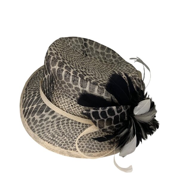 Animal Print Wide Brim Hat Black & cream/White Feather By Something Special - Picture 4 of 16